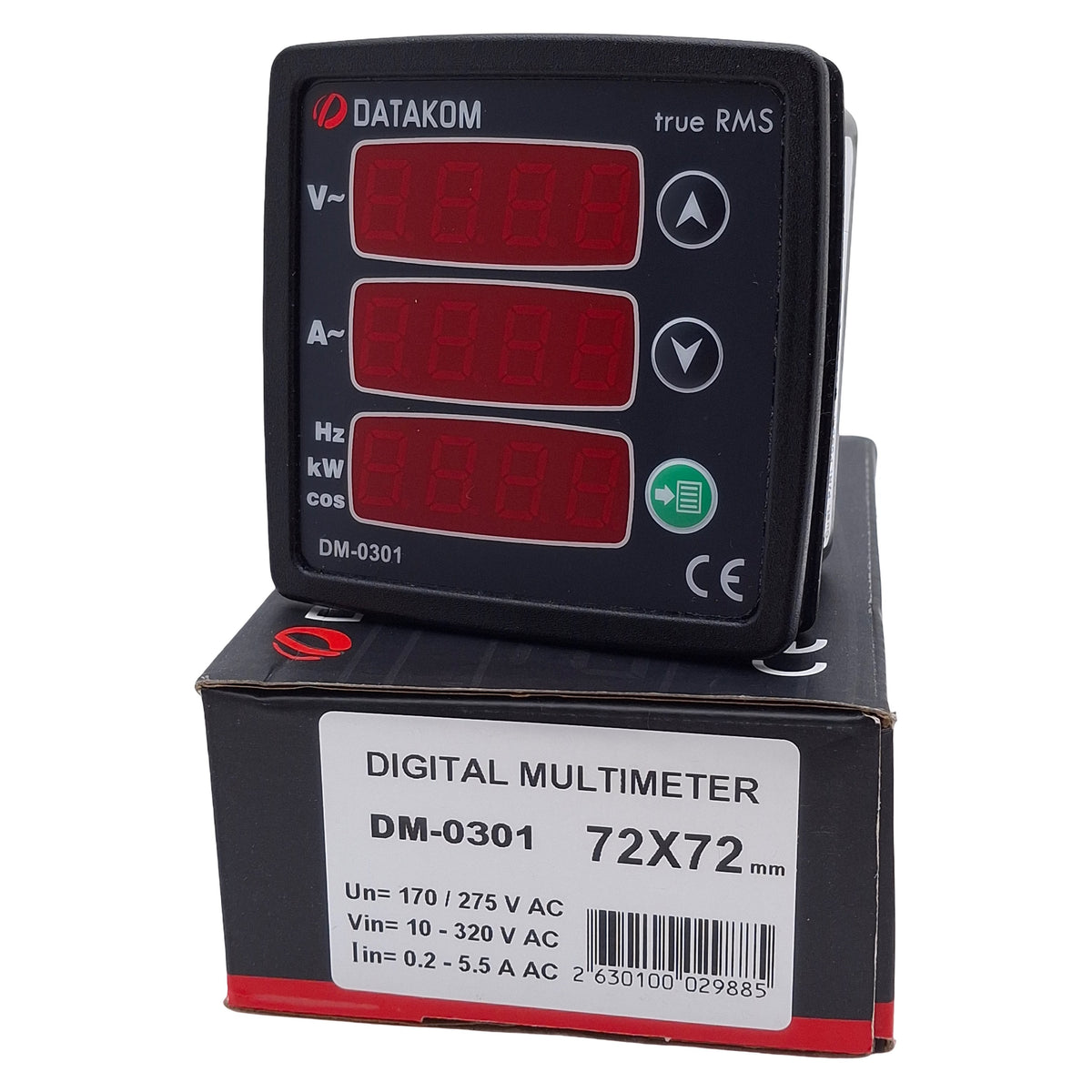 New DATAKOM DM-0301 Digital Multimeter, 4-Digit, 1-Phase, 5A 10-300VAC, 72x72mm