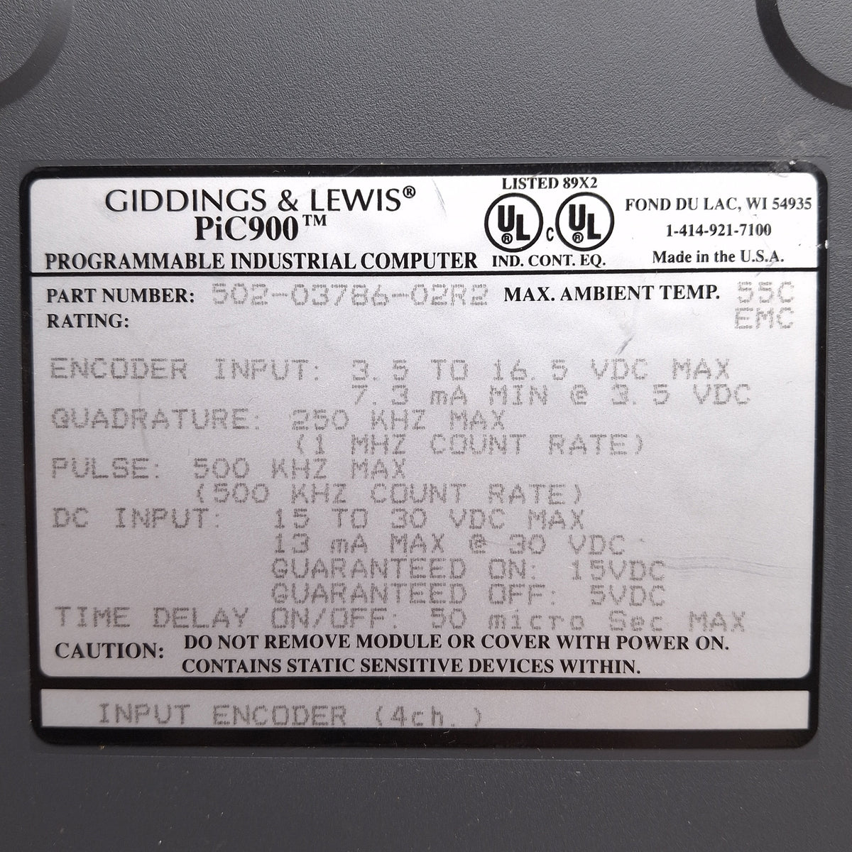 Used Giddings & Lewis 502-03786-02R2 PiC900 Encoder Input Module, 4-Ch, 3.5-16VDC