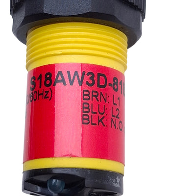Used Banner S18AW3D-81836 Ez-Beam Photoelectric Sensor SPST, 20-250VAC, 1ft Cable