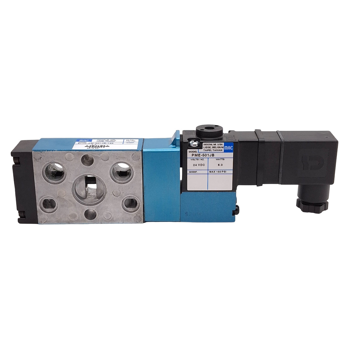 New Mac 811C-PM-501JB-122 Solenoid Valve, 5/2-Way, 150psi, 1/4in NPTF, 24VDC Coil