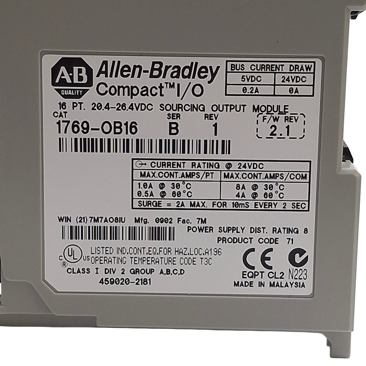 New – Open box Allen Bradley 1769-OB16 Compact I/O PLC Output Module, 16-Point 24VDC Sourcing