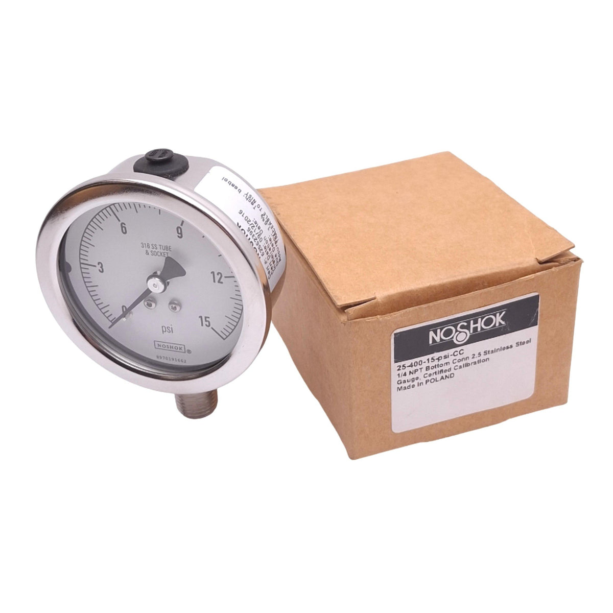 New NOSHOK 25-400-15-psi-CC Air Pressure Gauge, 2-1/2in Face, 0-15psi, 1/4in NPT