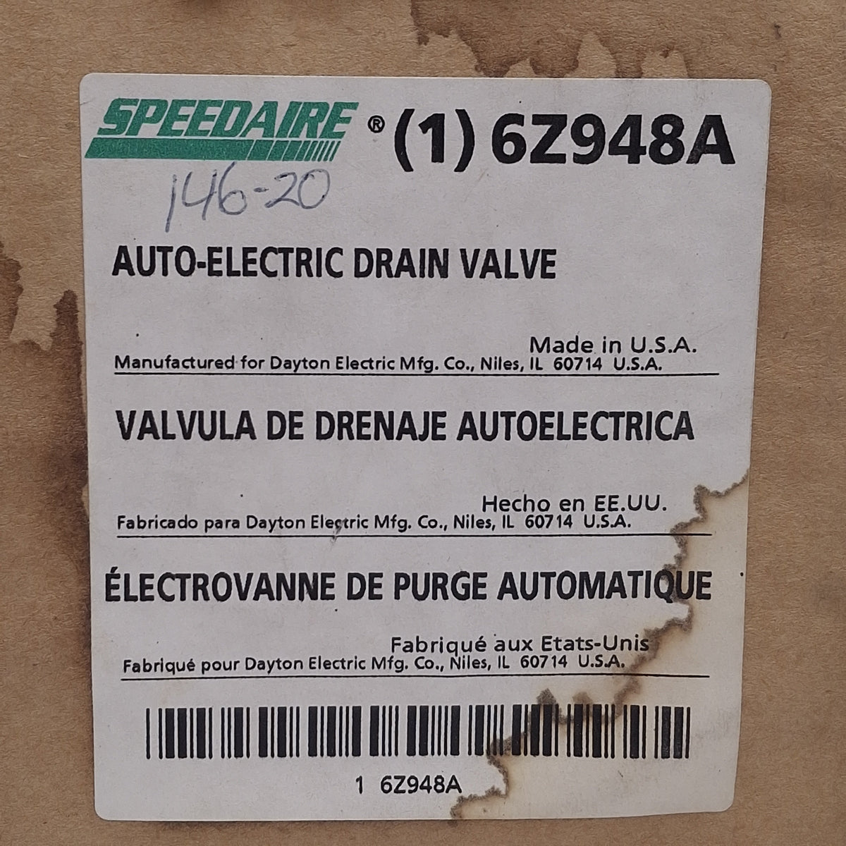 New Speedaire 6Z948A Automatic Electric Drain Valve 115VAC 0.25A, 200psi, 1/4 NPT