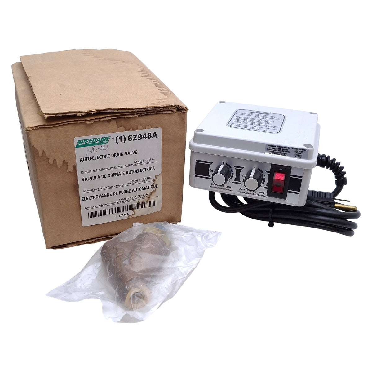 New Speedaire 6Z948A Automatic Electric Drain Valve 115VAC 0.25A, 200psi, 1/4 NPT