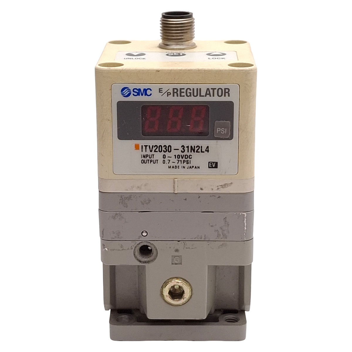 Used SMC ITV2030-31N2L4 Electro-Pneumatic Regulator, 0.7-71psi Set, 0-10VDC, 1/4NPT
