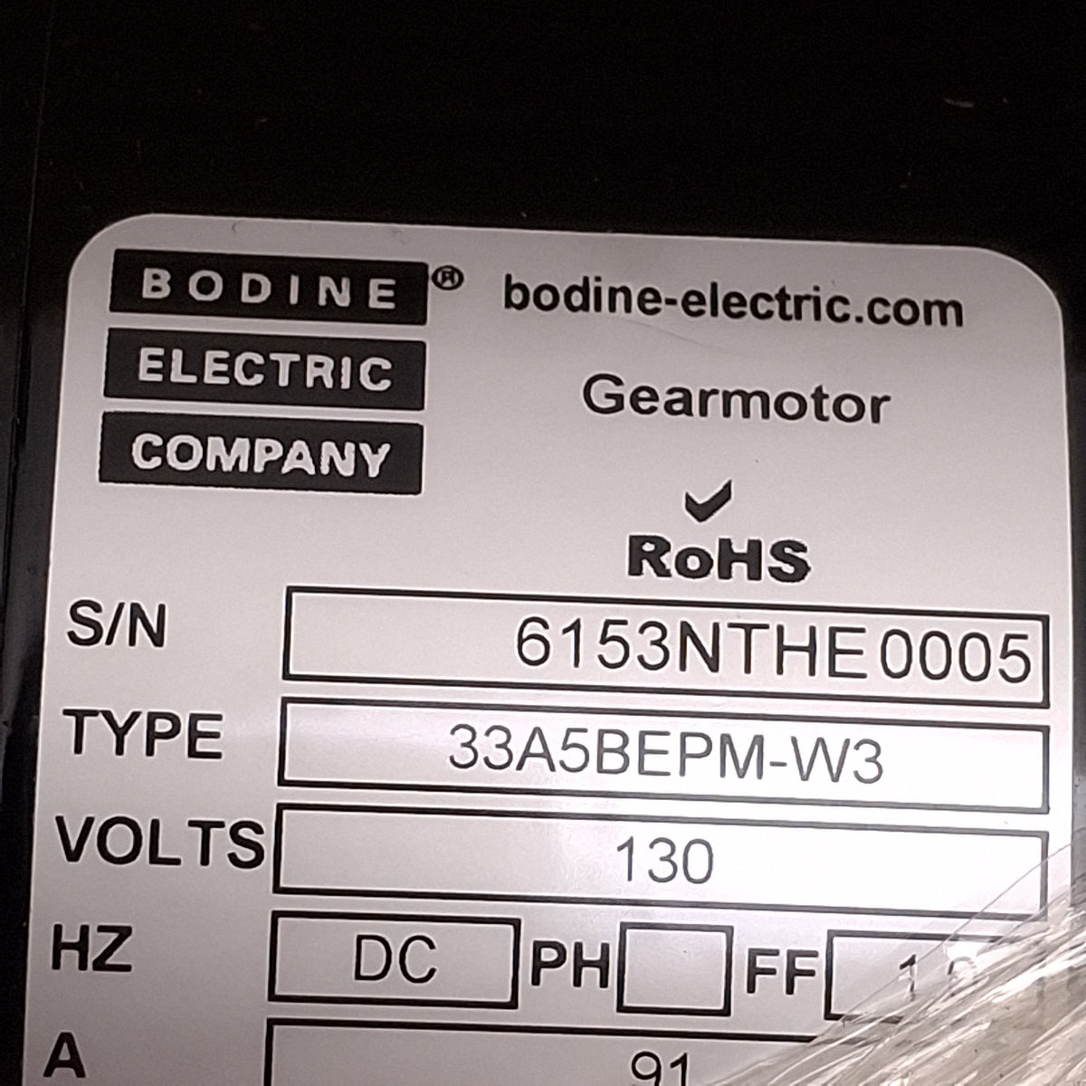 New Bodine 33A5BEPM-W3 Parallel Shaft DC Gearmotor 29.7:1 Ratio, 1/8HP, 130VDC 0.91A