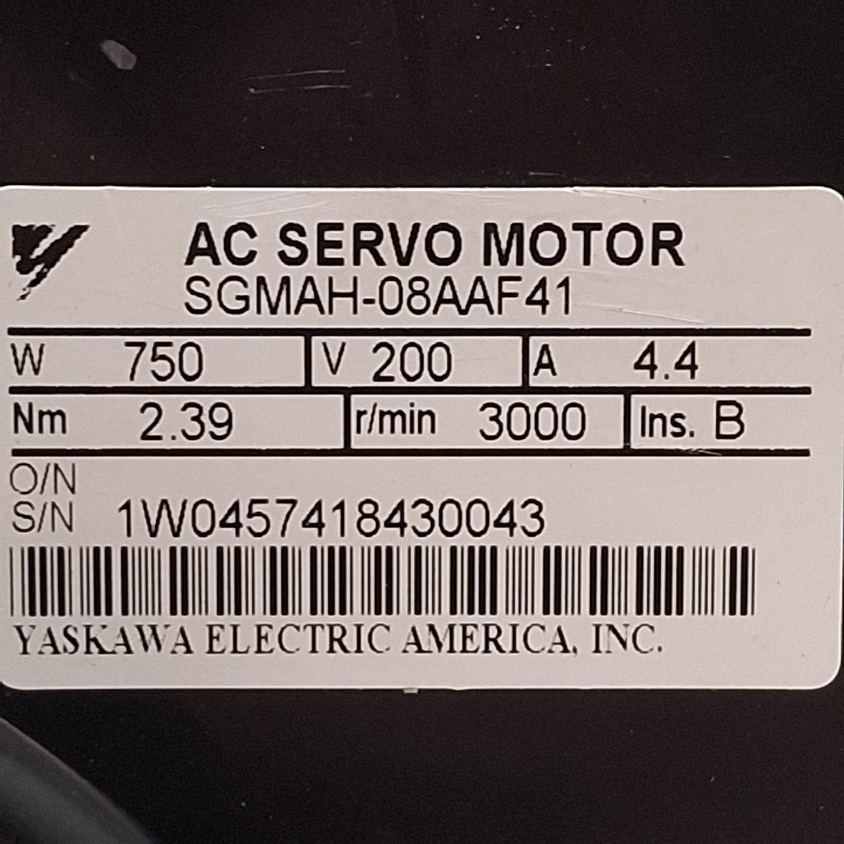 Used Yaskawa SGMAH-08AAF41 AC Servo Motor, 750W, 200VAC 4A, 3000rpm, 80mm Flange