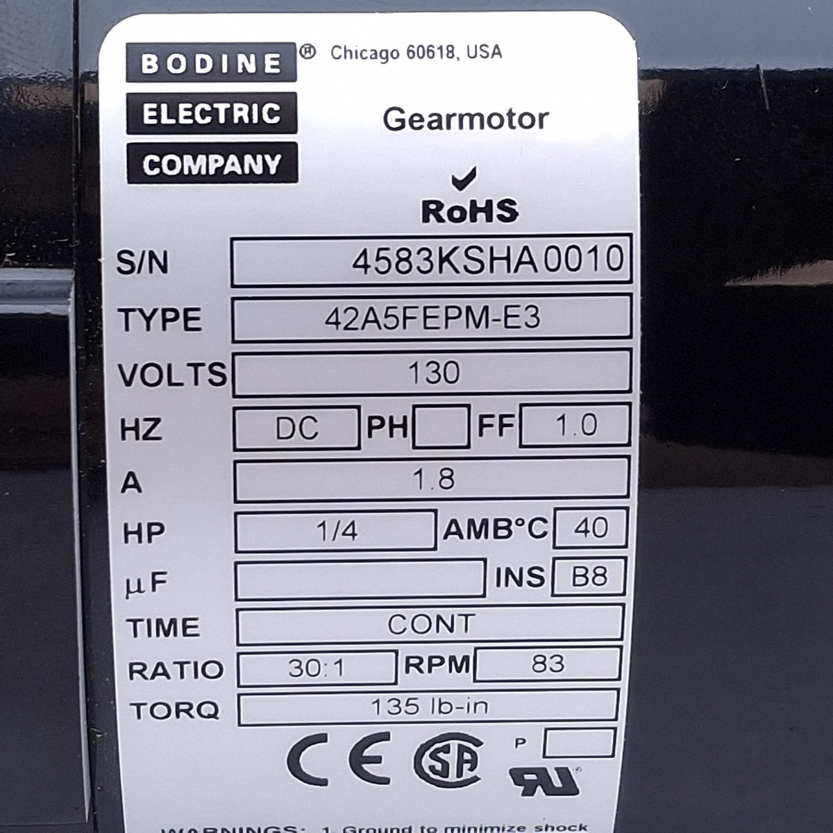New – Open box Bodine 42A5FEPM-E3 DC Gearmotor, 30:1 Ratio, 1/8HP, 130VDC 1.8A, ø3/4in Shaft
