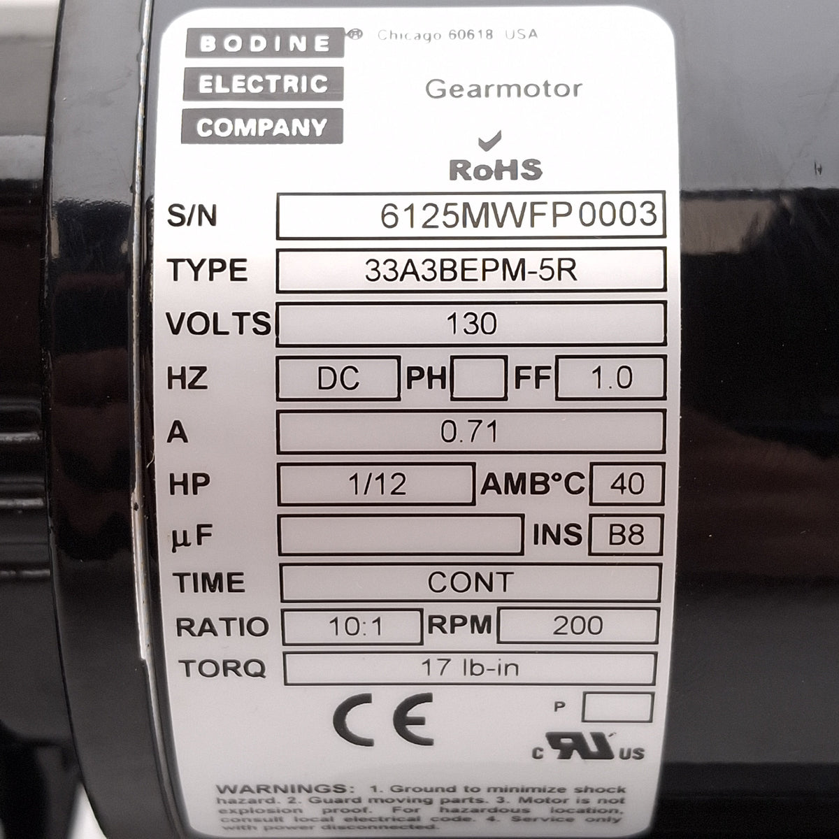 New Bodine 33A3BEPM-5R DC Gearmotor, 10:1, 1/12HP, 130VDC, 200rpm, ø16mm Shaft