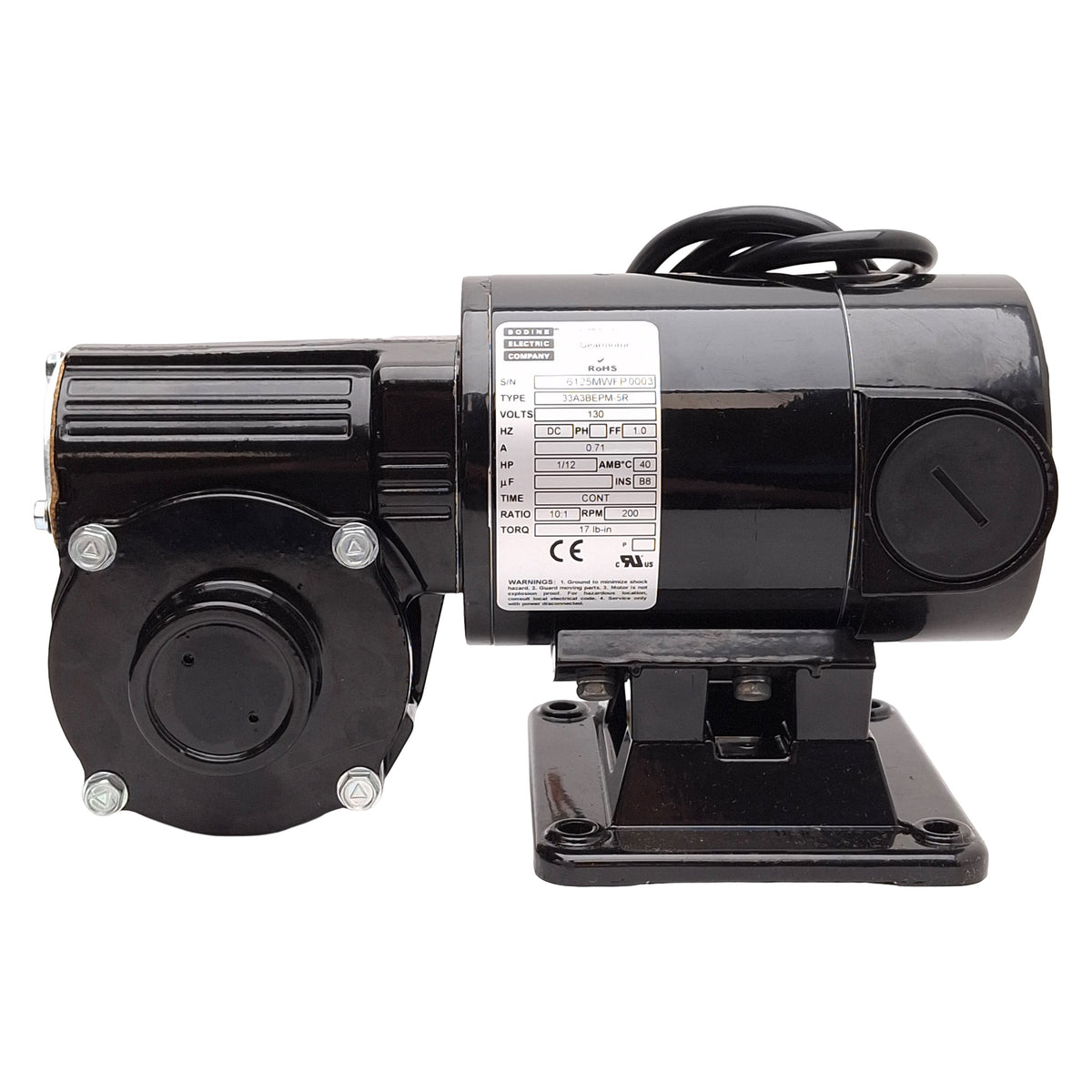 New Bodine 33A3BEPM-5R DC Gearmotor, 10:1, 1/12HP, 130VDC, 200rpm, ø16mm Shaft