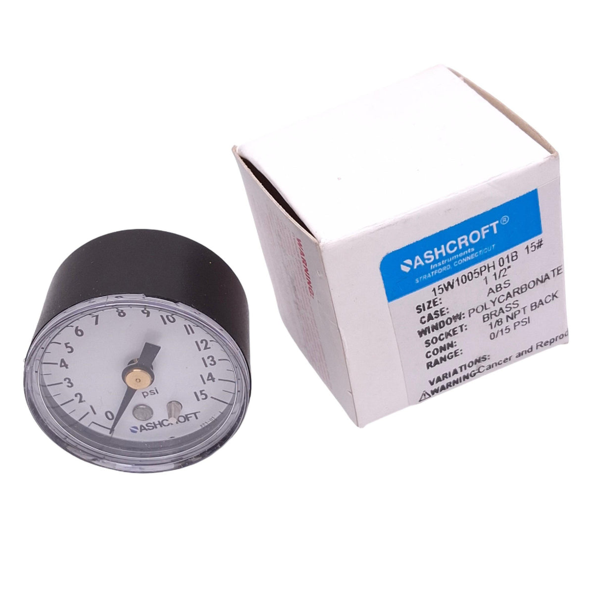 New Ashcroft 15W1005PH01B15# Pressure Gauge, ø1-1/2in, 0 to 15psi, 1/8in NPT
