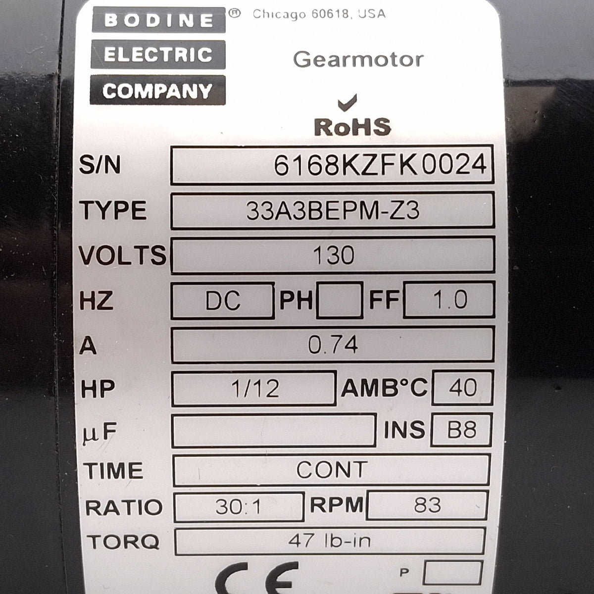 Used Bodine 33A3BEPM-Z3 6168 DC Gearmotor, 30:1, 1/12HP, 130VDC, 83rpm, ø1/2in Shaft