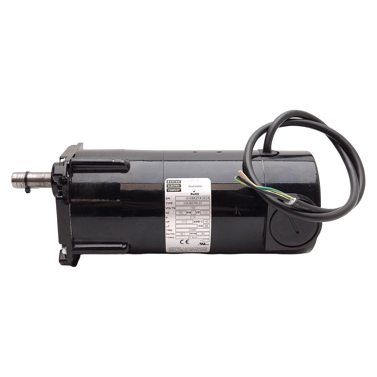 Used Bodine 33A3BEPM-Z3 6168 DC Gearmotor, 30:1, 1/12HP, 130VDC, 83rpm, ø1/2in Shaft