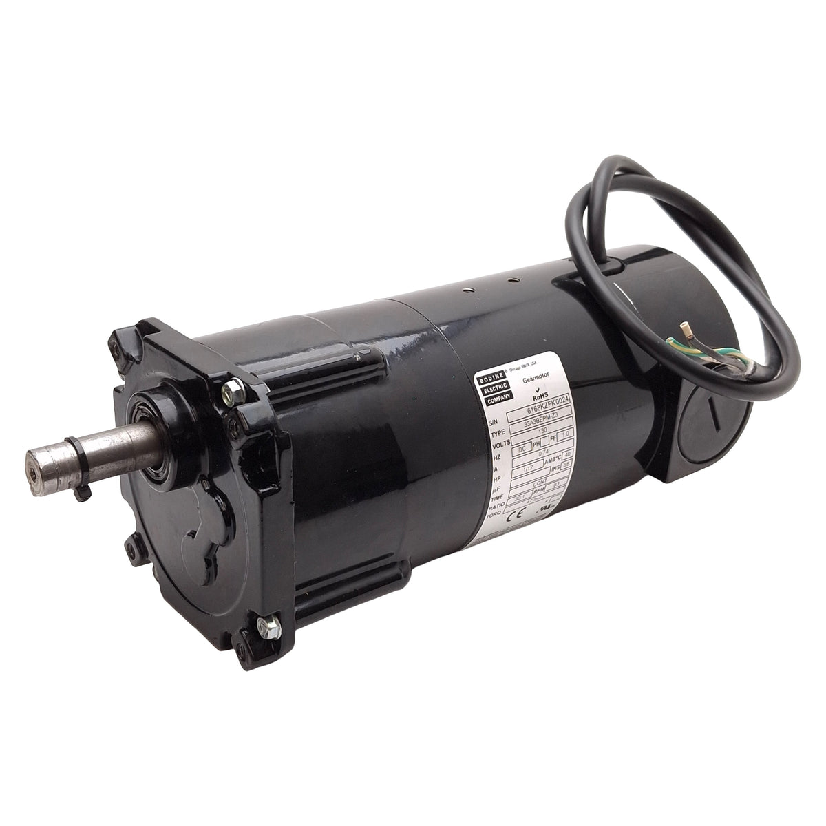Used Bodine 33A3BEPM-Z3 6168 DC Gearmotor, 30:1, 1/12HP, 130VDC, 83rpm, ø1/2in Shaft