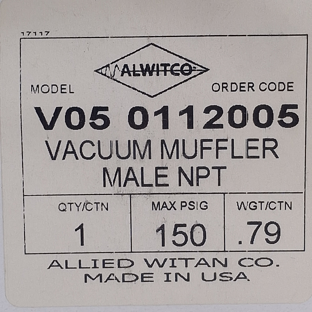 New Alwitco V05 0112005 Vacuum Pump Exhaust Muffler 1/2 NPT, ø3.15in x 6in, 150psi