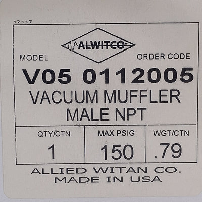 New Alwitco V05 0112005 Vacuum Pump Exhaust Muffler 1/2 NPT, ø3.15in x 6in, 150psi