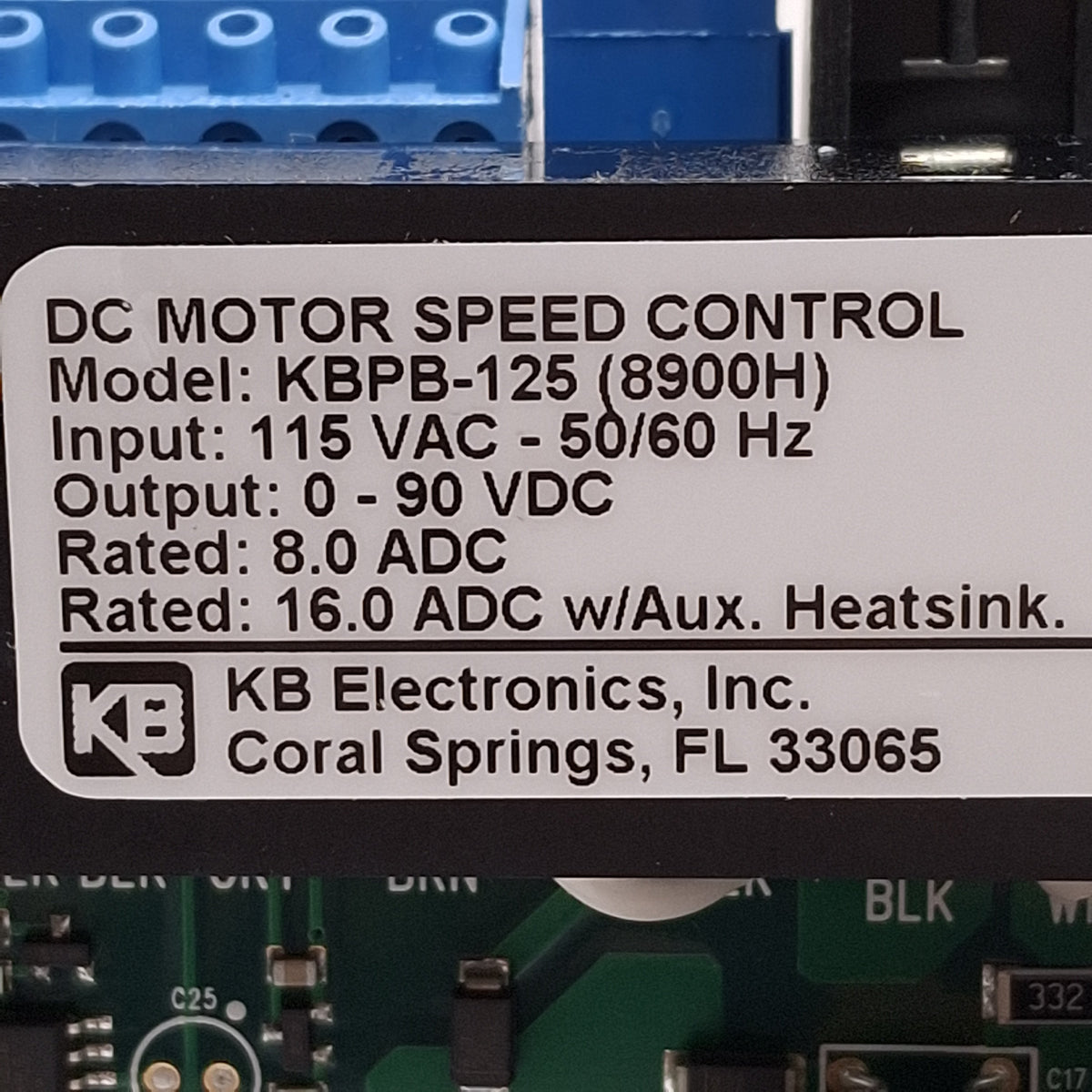 Used KB Electronics KBPB-125 8900H DC Motor Speed Control, 115VAC IN, 0-90VDC 8A OUT