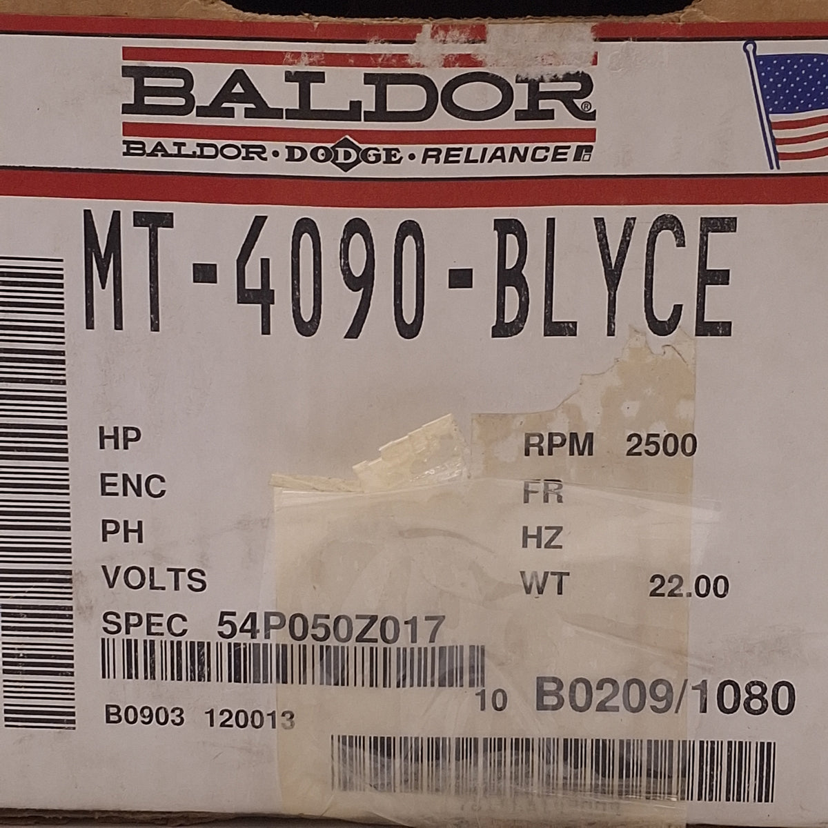 New Baldor MT-4090-BLYCE Servomotor, 40lb-in, 100VDC Bus, ø5/8in Shaft, 2300rpm