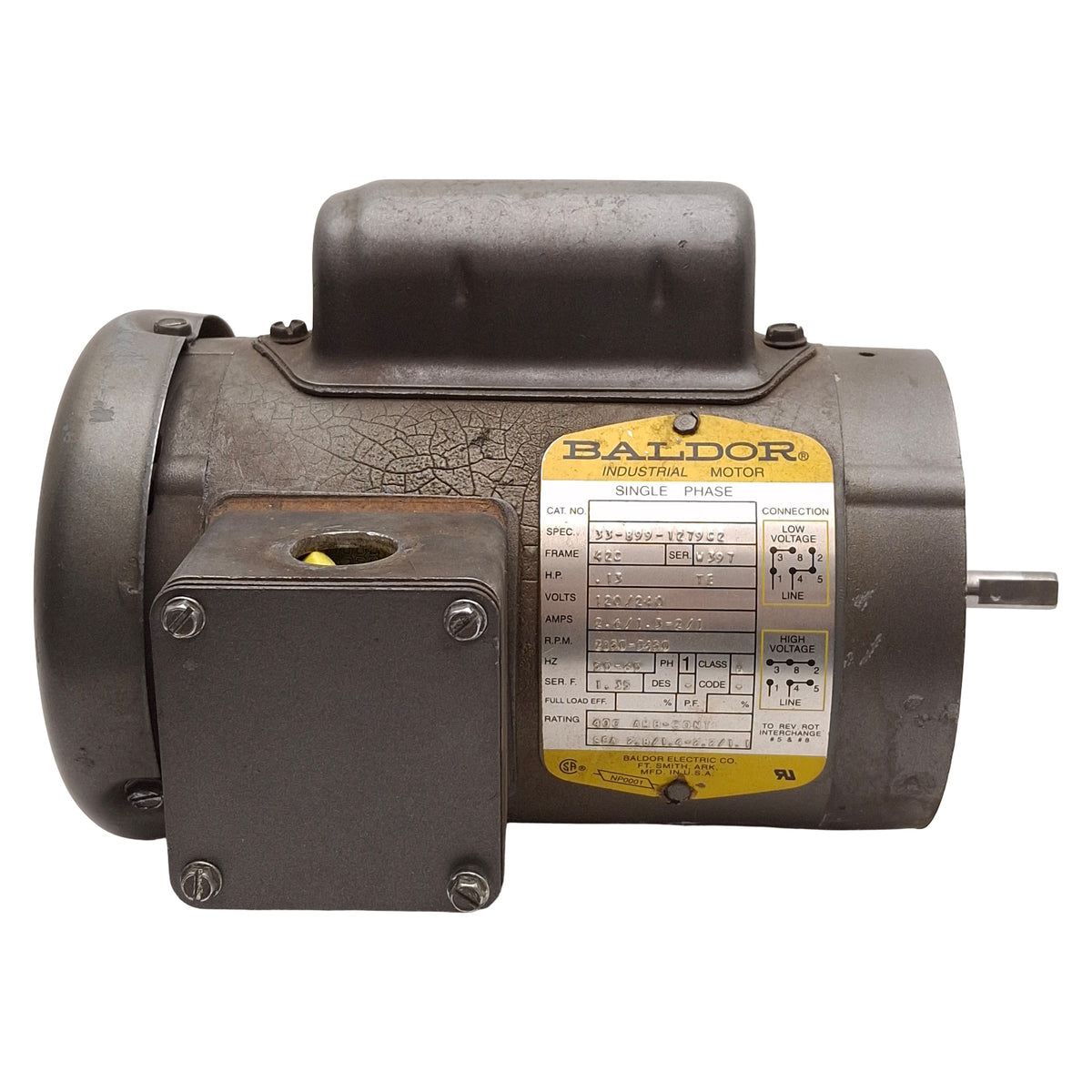 Used Baldor 33-899-127902 AC Motor, 0.13HP, 120/240VAC, 3850-3450rpm, NEMA 42C
