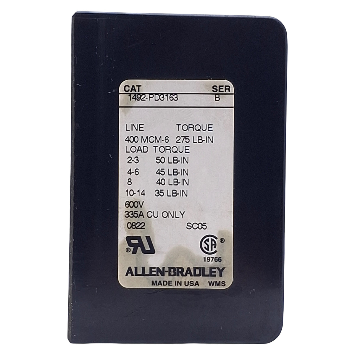 Used Allen Bradley 1492-PD3163 Power Distribution Block, 3-Pole, 335A, 1-Line 6-Load