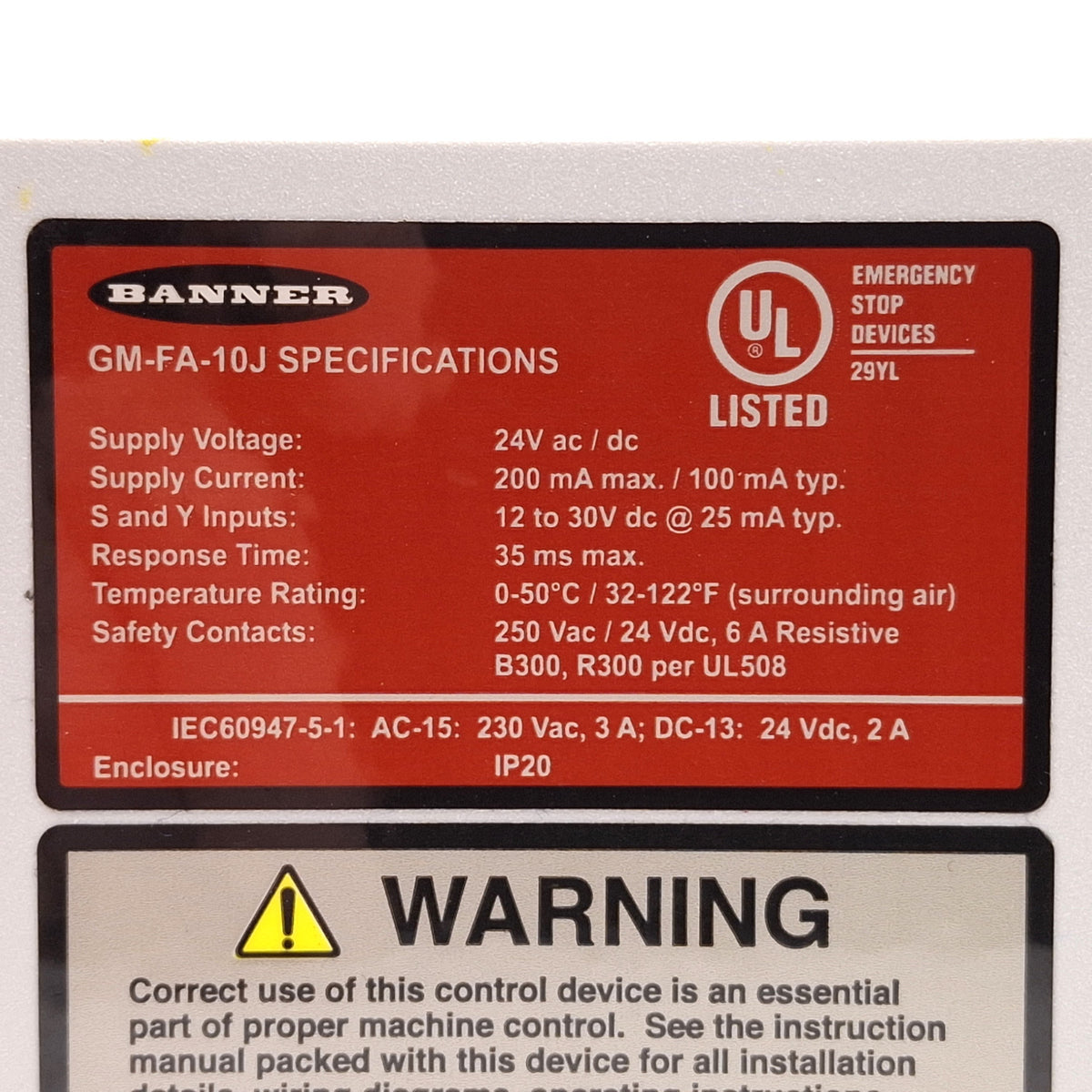 Used Banner GM-FA-10J Guard Monitoring Safety Relay, 2NO, 22.5mm, DIN Rail, 24VAC/DC