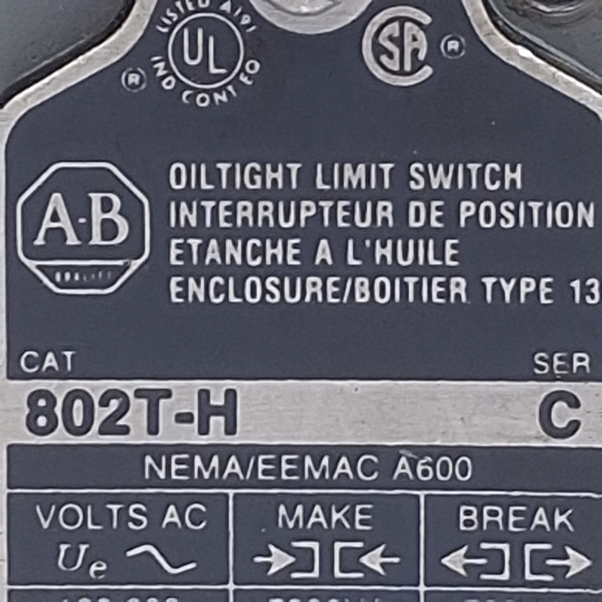 Used Allen Bradley 802T-H Oil Tight Spring Return Limit Switch, 10A, 120-600VAC