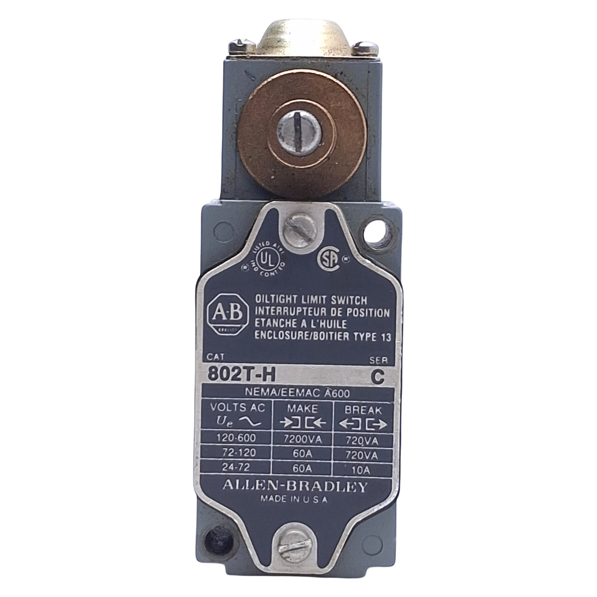 Used Allen Bradley 802T-H Oil Tight Spring Return Limit Switch, 10A, 120-600VAC
