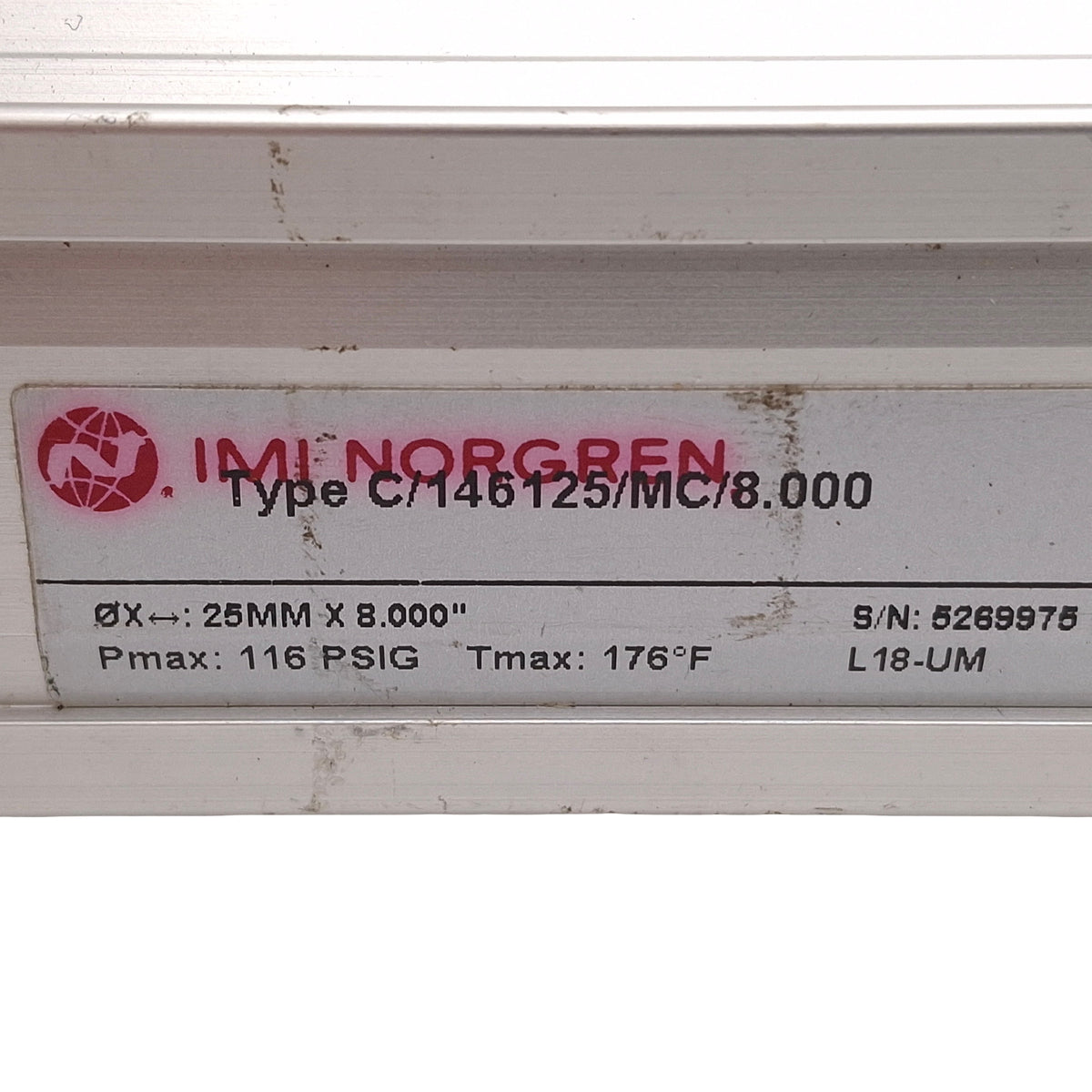 Used Norgren C/146125/MC/8.000 Rodless Cylinder, ø25mm Bore, 8in Stroke, 1/8in NPT