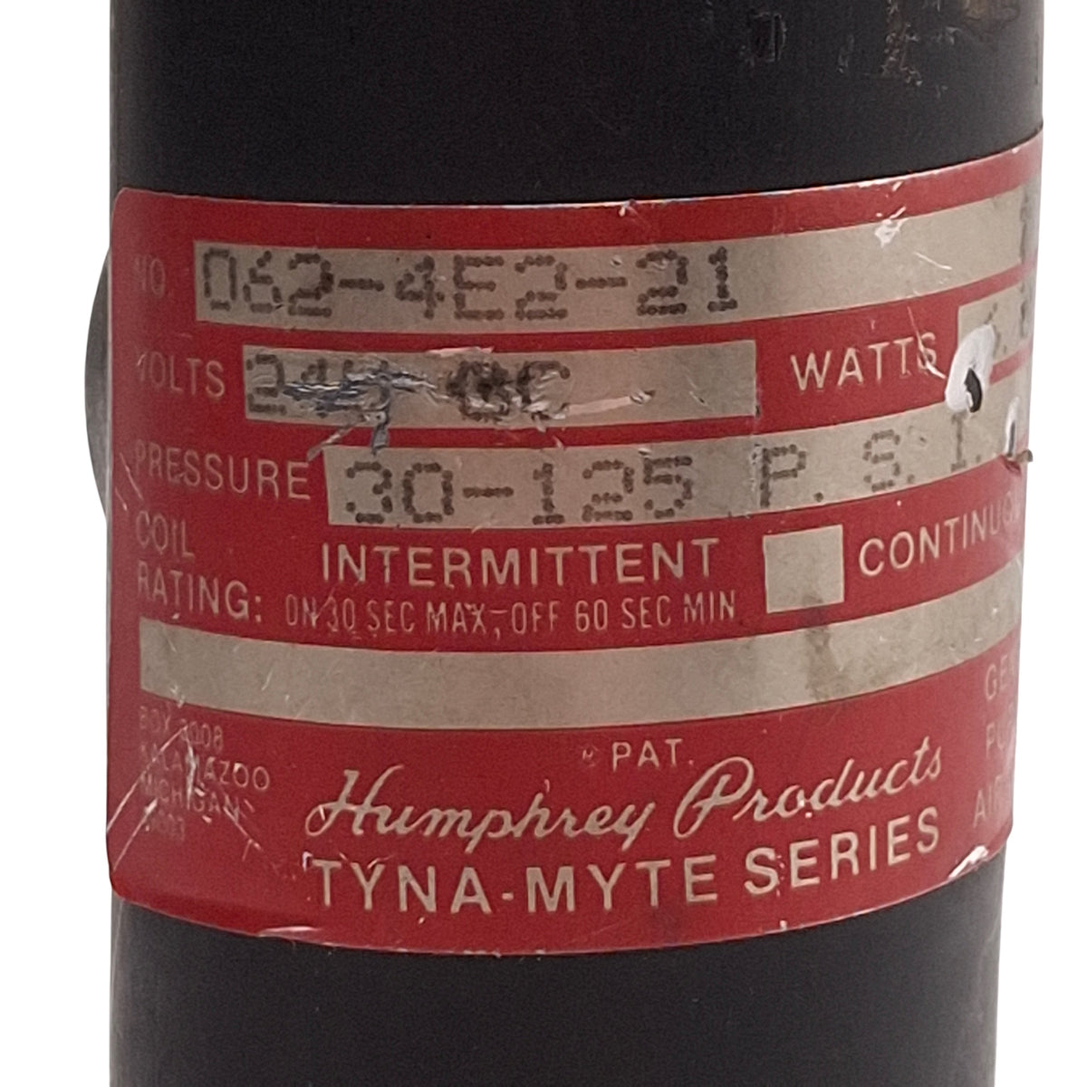 Used Humphrey 062-4E2-21 Tyna-Myte Solenoid Valve, 4-Way, 30-125psi, 24VDC Coils