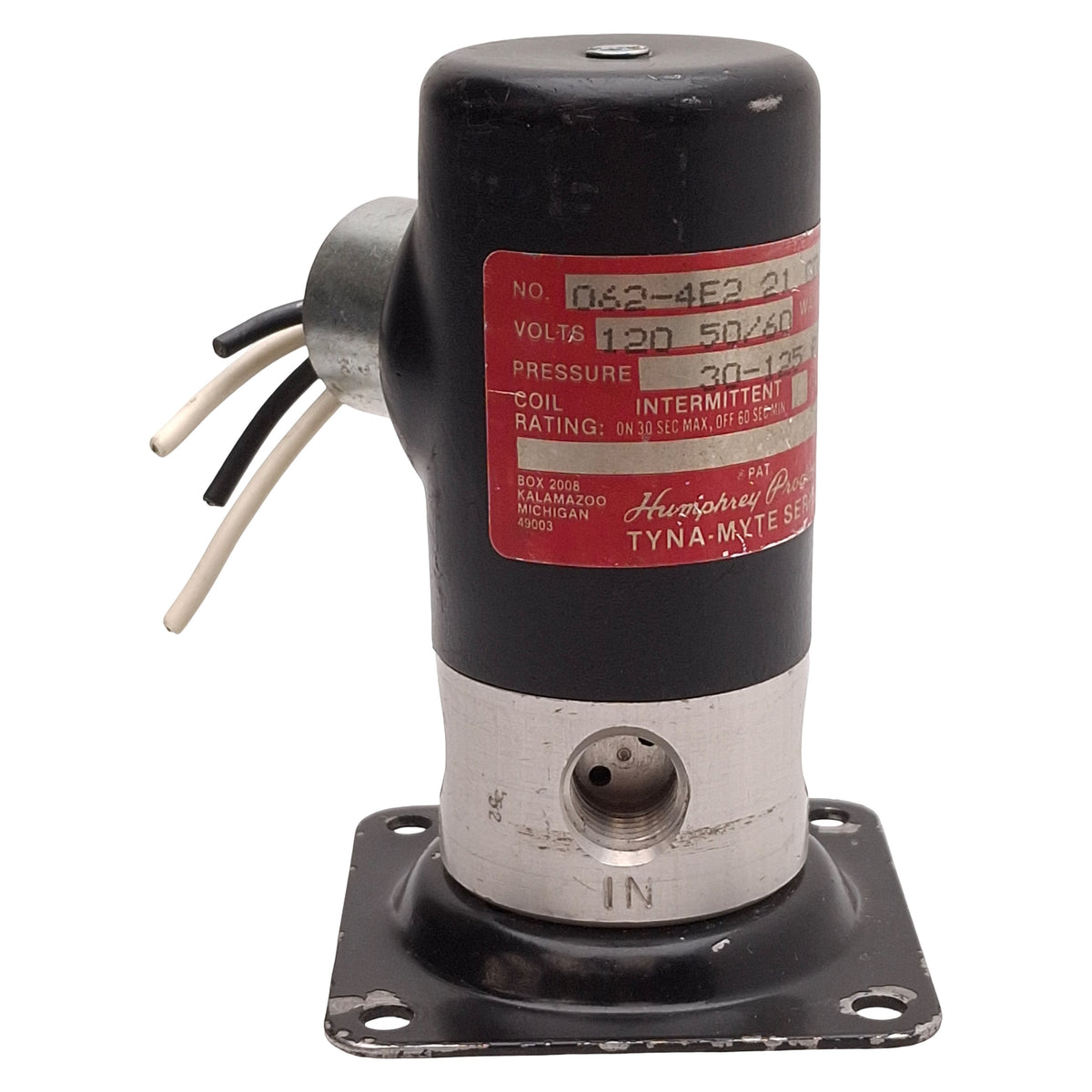 Used Humphrey 062-4E2-21-CD Tyna-Myte Solenoid Valve, 4-Way, 30-125psi, 120VAC Coils