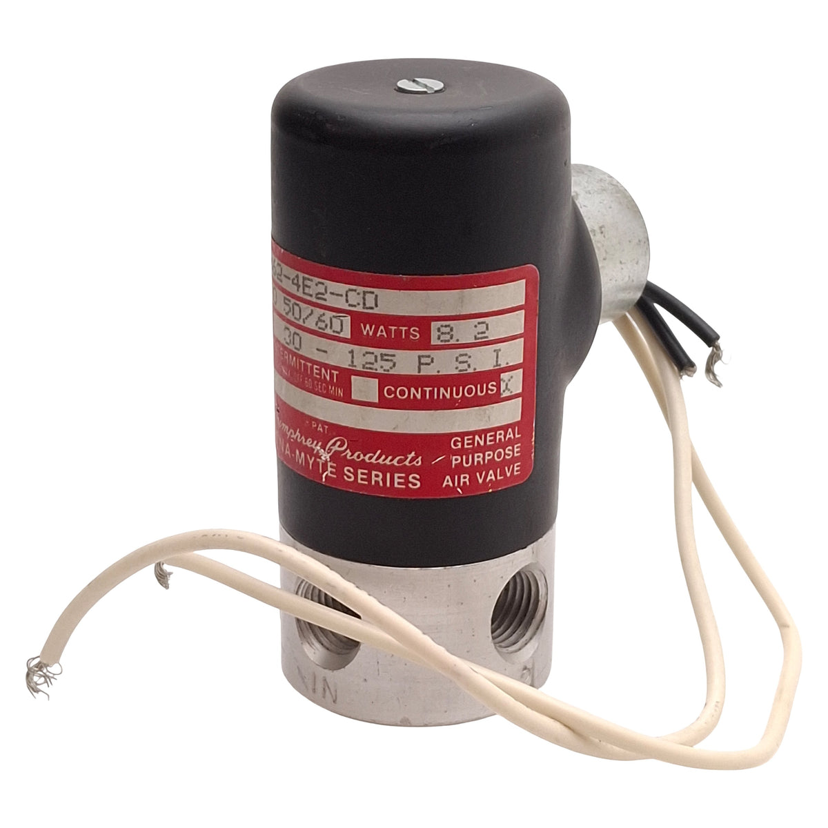Used Humphrey 062-4E2-CD Tyna-Myte Solenoid Valve, 4-Way, 30-125psi, 120VAC Coils