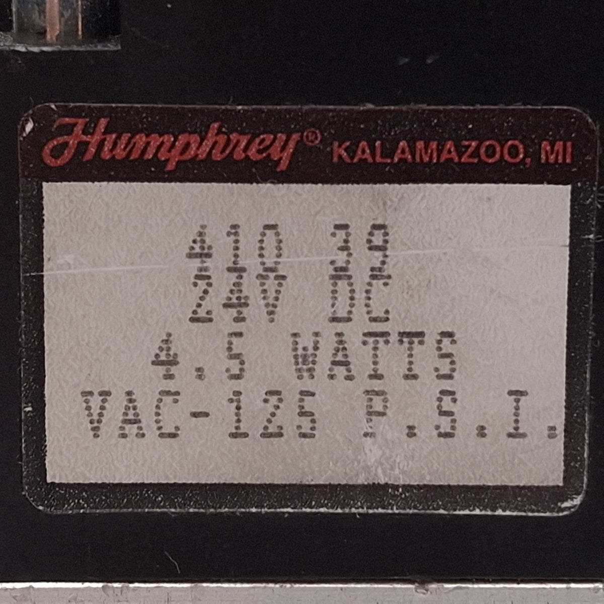 Used Humphrey 410-39-24VDC Solenoid Valve, 4-Way, Vac-125psi, 1/8in NPSF, 24VDC Coil