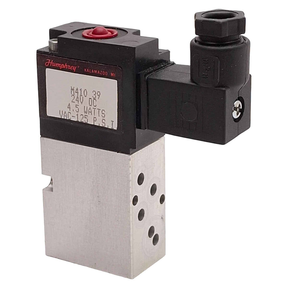 Used Humphrey M410-39-24VDC Solenoid Valve, 4-Port 2-Position, Vac-125psi, 24VDC Coil