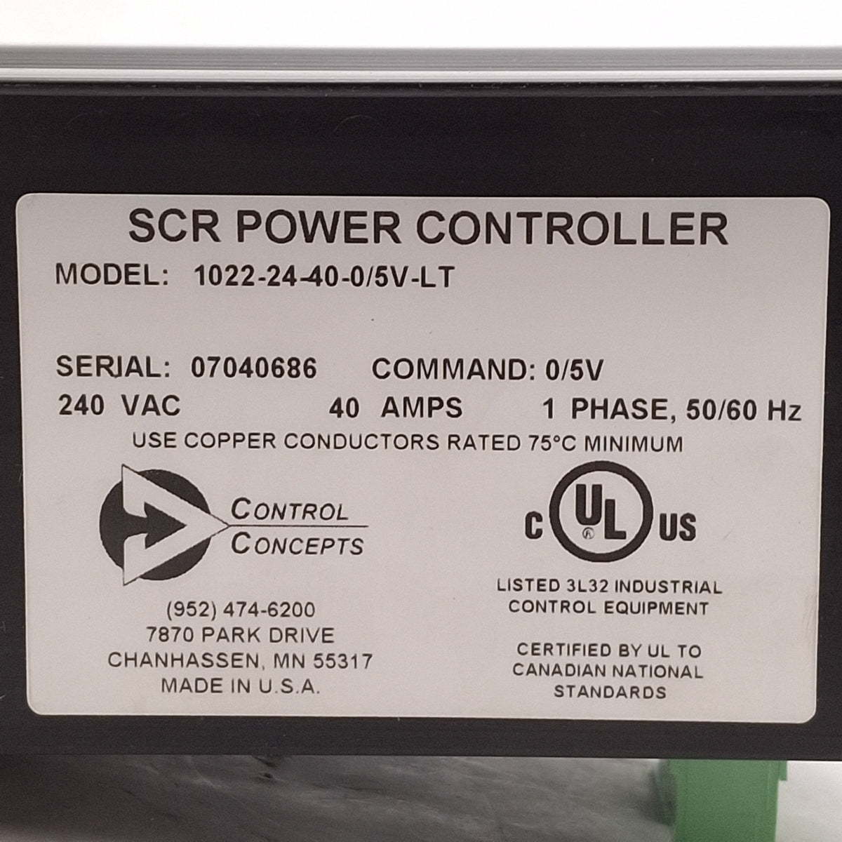 Used Control Concepts 1022-24-40-0/5V-LT SCR Power Controller, 1Ø 240VAC 40A, 0-5VDC