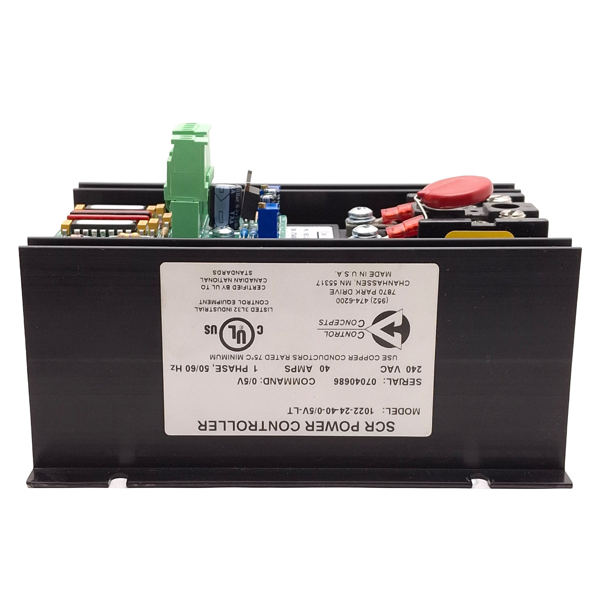 Used Control Concepts 1022-24-40-0/5V-LT SCR Power Controller, 1Ø 240VAC 40A, 0-5VDC