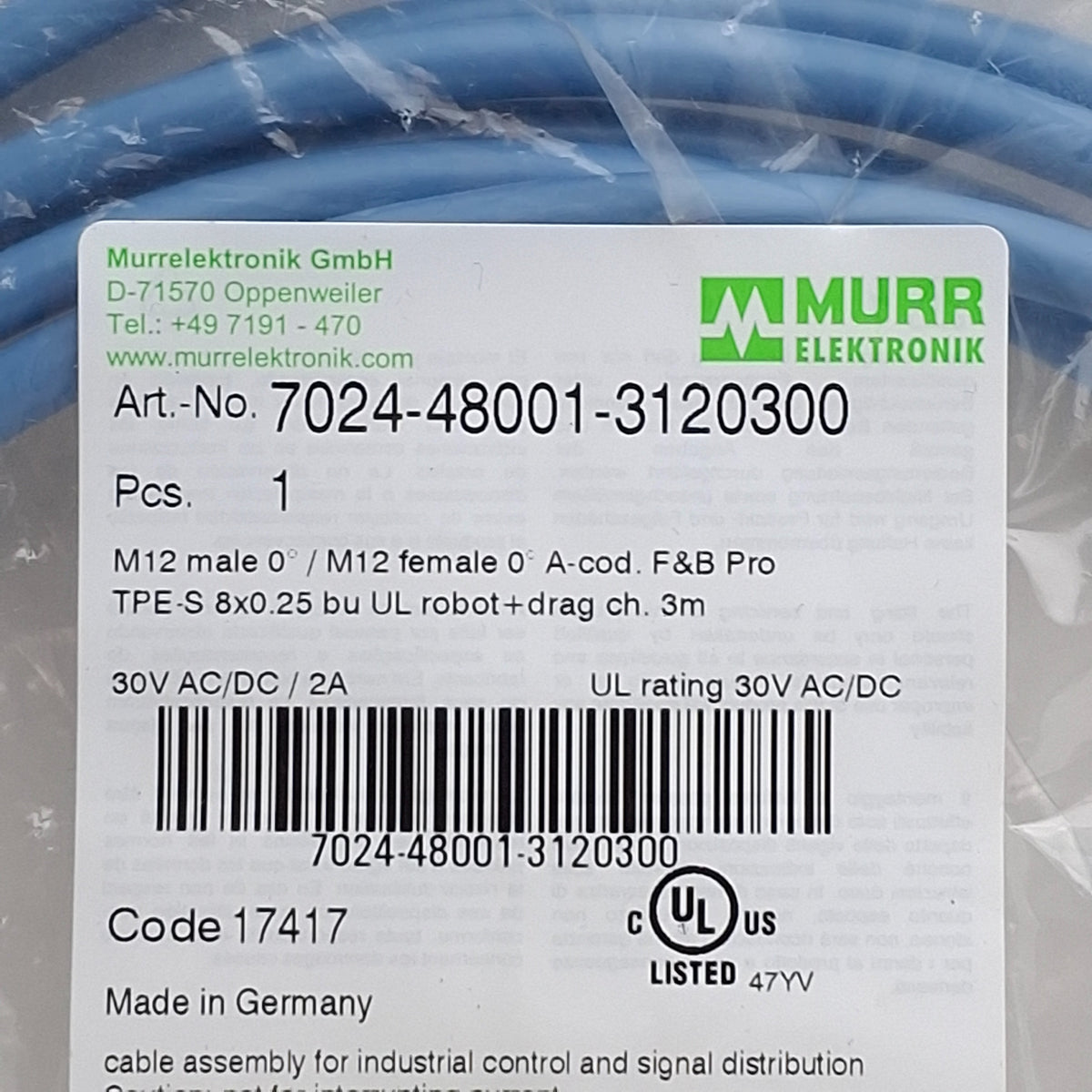 New Murr Elektronik 7024-48001-3120300 Robot/Drag Chain Cable, M12 8-P M-F, 3m, Food