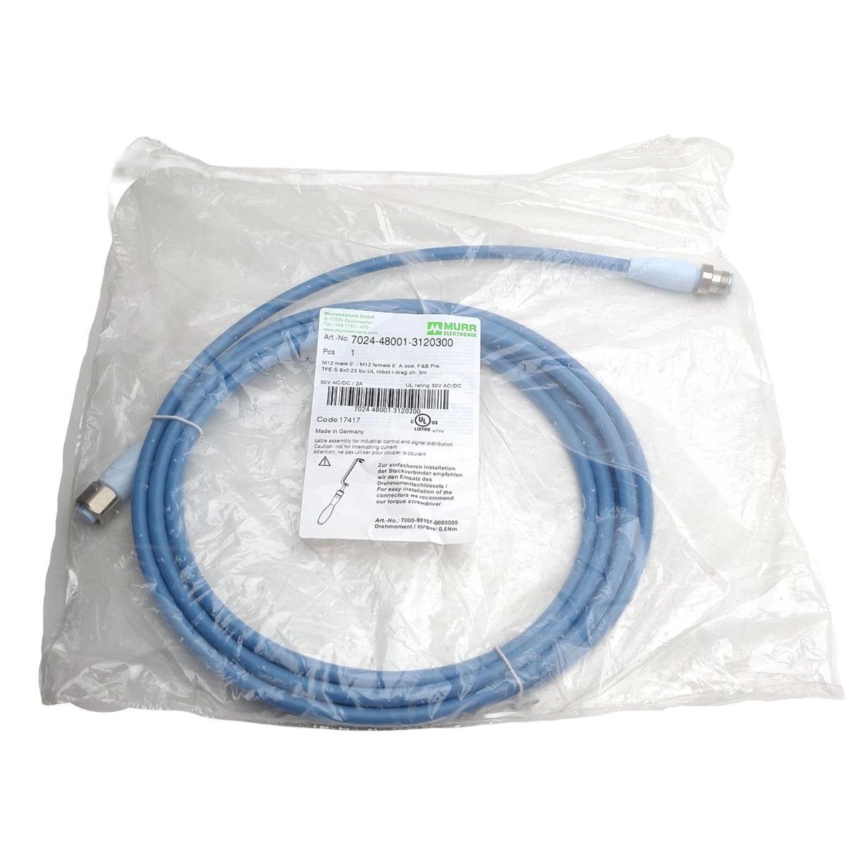 New Murr Elektronik 7024-48001-3120300 Robot/Drag Chain Cable, M12 8-P M-F, 3m, Food