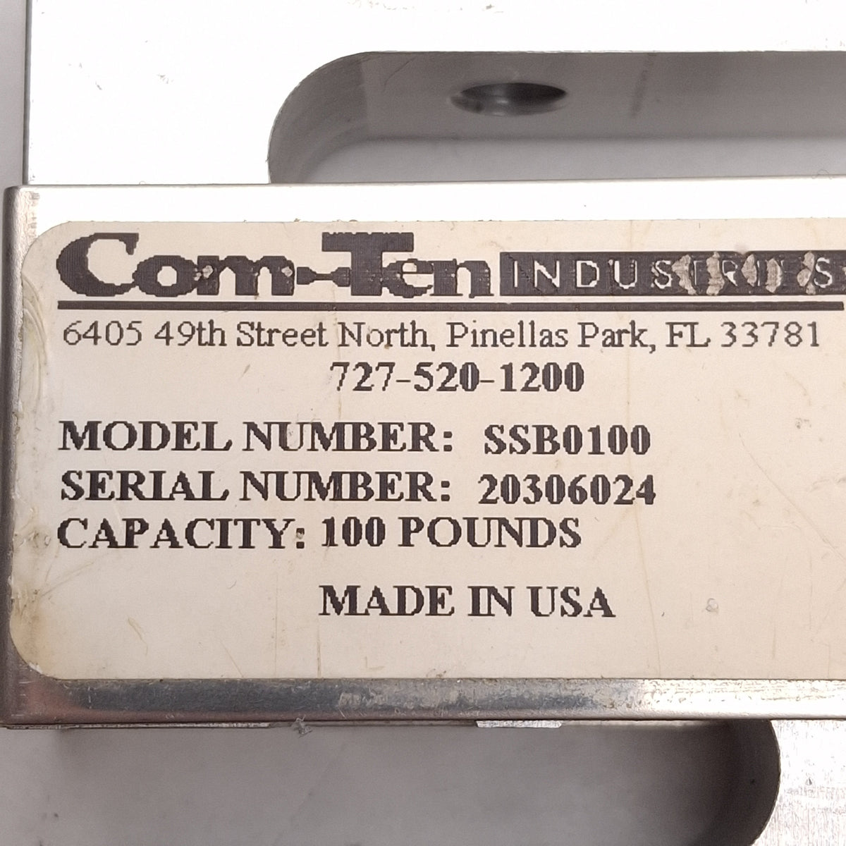 Used Com-Ten Industries SSB0100 S-Beam Load Cell, 100lbs Capacity, ±0.05%, HD15 Male