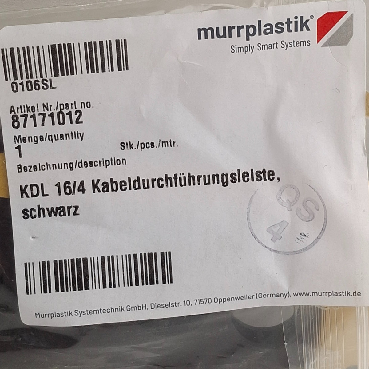 New Murrplastik 87171012 KDL 16/4 Cable Entry Plate, 4-Hole, 86mm x 36mm Frame