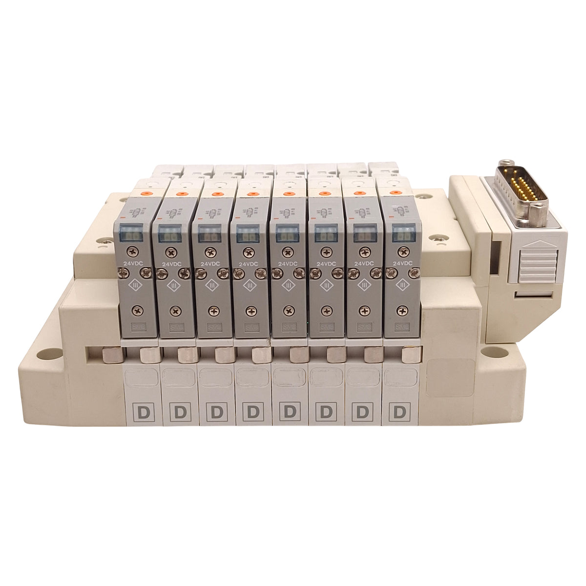 New SMC SS5V1-16FD1-08D-N3 Manifold w/ (8x) SV1100-5FU Solenoid Valves ø5/32in 24VDC