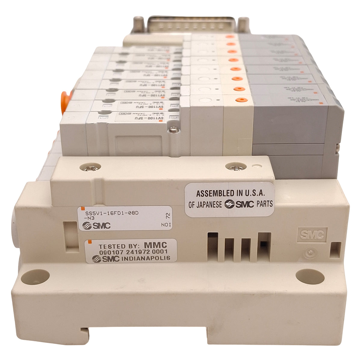 New SMC SS5V1-16FD1-08D-N3 Manifold w/ (8x) SV1100-5FU Solenoid Valves ø5/32in 24VDC