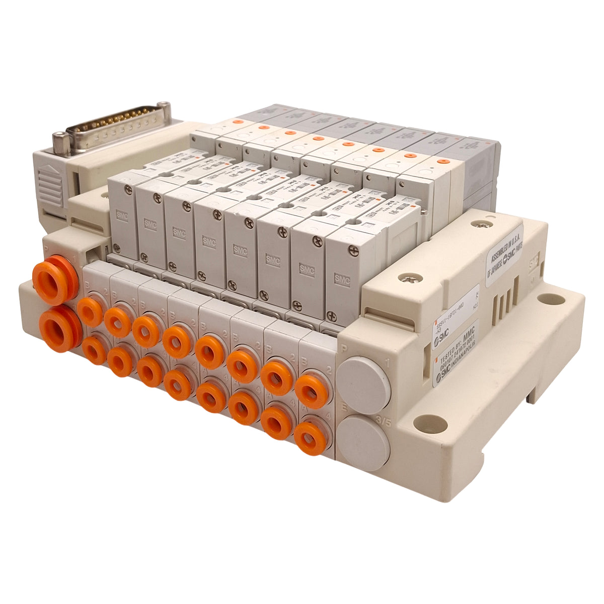 New SMC SS5V1-16FD1-08D-N3 Manifold w/ (8x) SV1100-5FU Solenoid Valves ø5/32in 24VDC