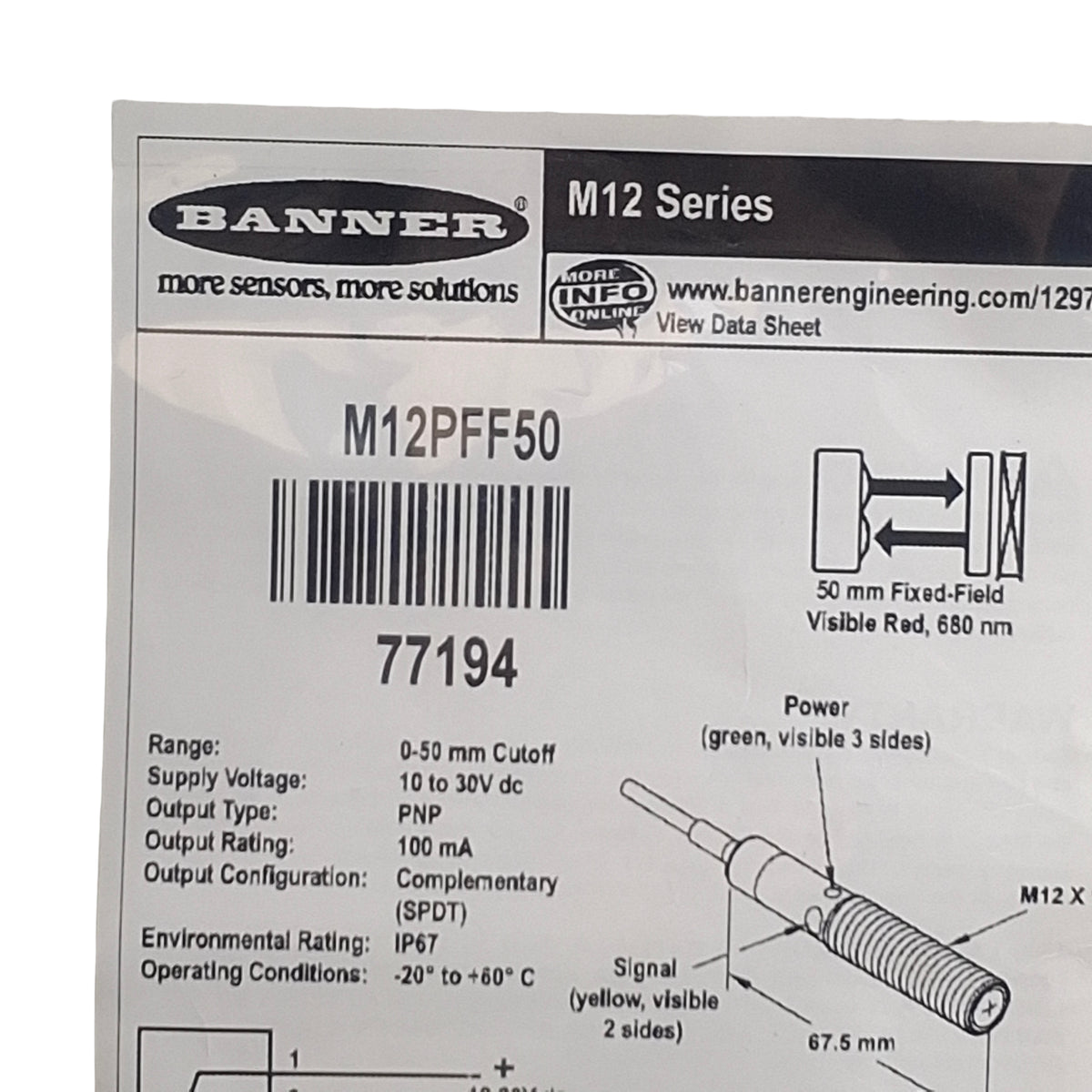 New Banner M12PFF50 Photoelectric Sensor, 50mm SN, 10-30VDC PNP Output, 2m Cable