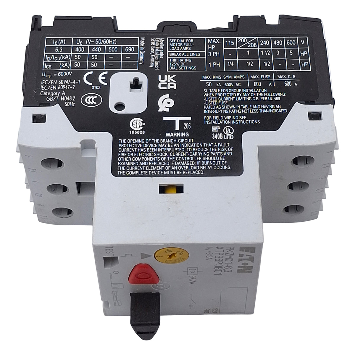 New – Open box Eaton PKZM01-6,3 Motor-Protective Circuit Breaker 3-Pole, 4-6.3A Range, 400VAC