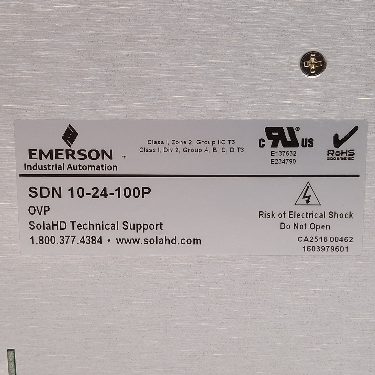 Used Emerson SDN 10-24-100P SolaHD Power Supply, 240W 24VDC 10A Out, 115/230VAC Input