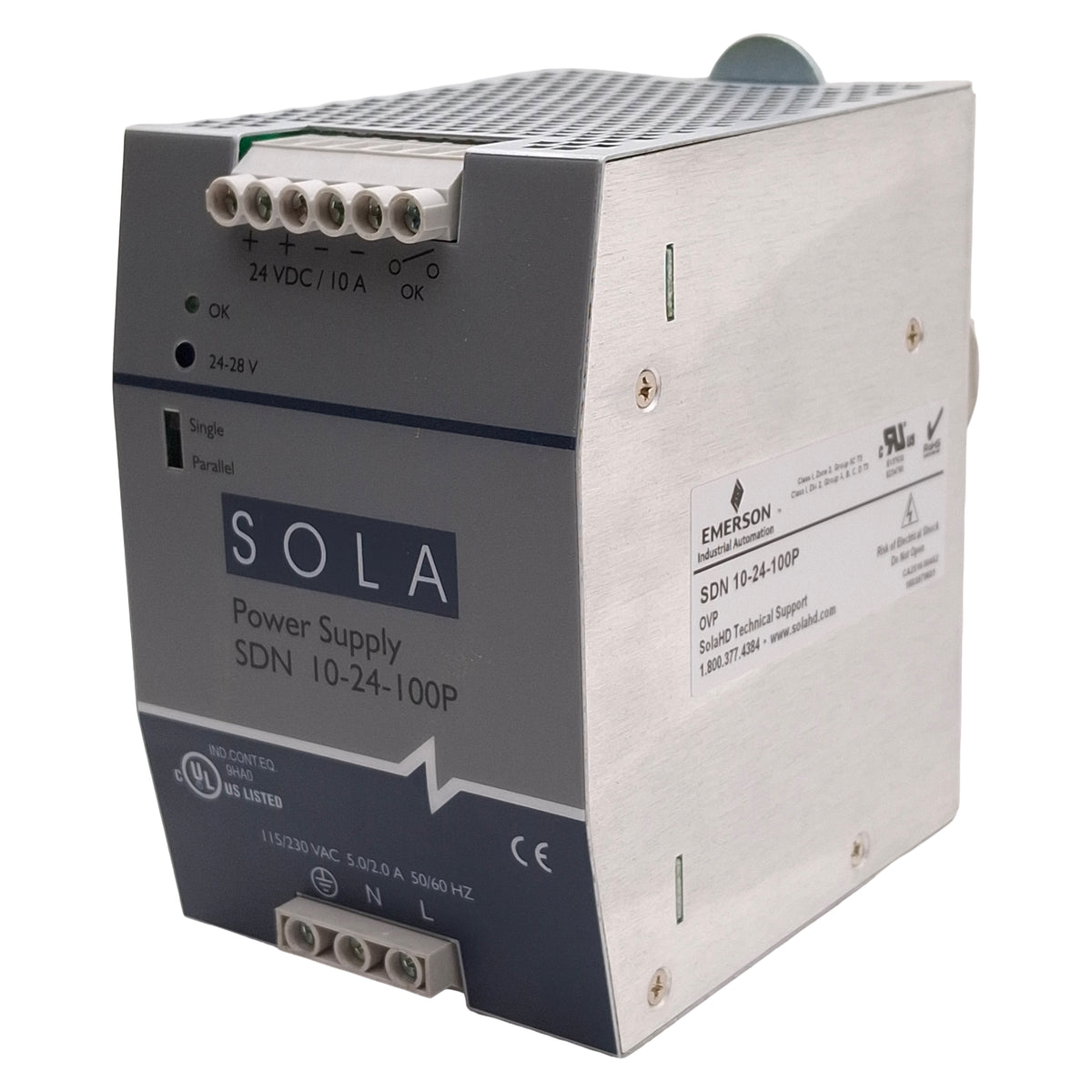 Used Emerson SDN 10-24-100P SolaHD Power Supply, 240W 24VDC 10A Out, 115/230VAC Input