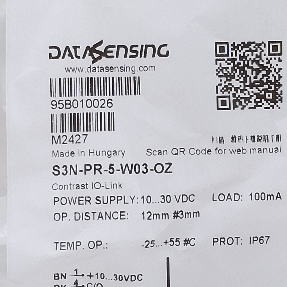 New DataSensing S3N-PR-5-W03-OZ Photoelectric Sensor, 12mm Range, 10-30VDC, 4-Pin M8