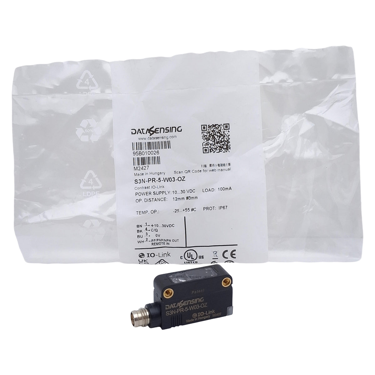New DataSensing S3N-PR-5-W03-OZ Photoelectric Sensor, 12mm Range, 10-30VDC, 4-Pin M8