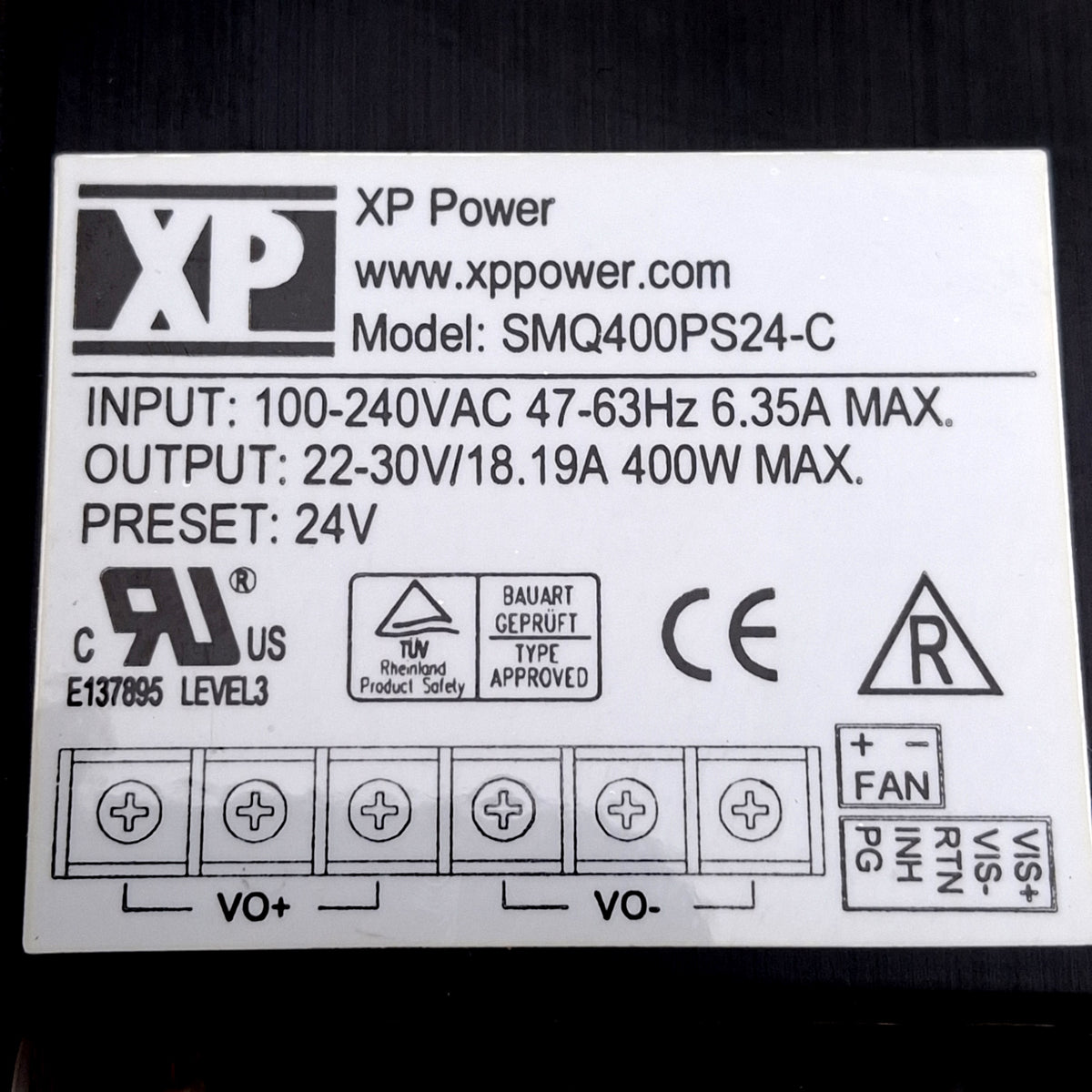 Used XP Power SMQ400PS24-C Power Supply, 400W, 22-30VDC Output, 100-240VAC Input