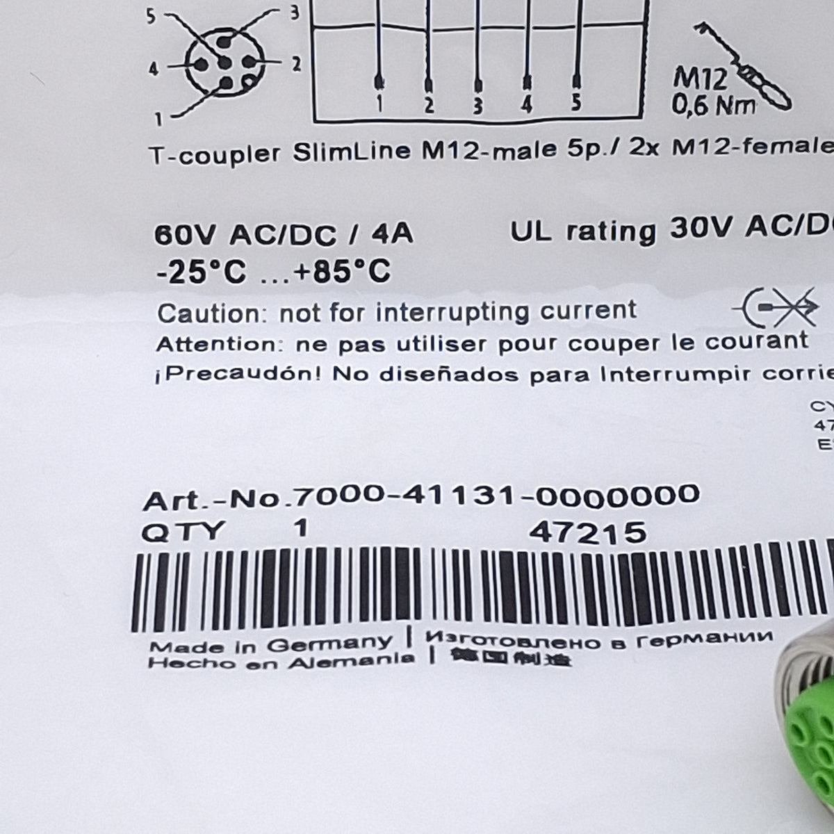 New MurrElektronik 7000-41131-0000000 T-Coupler Connector, 5-Pin M12 Male/Female